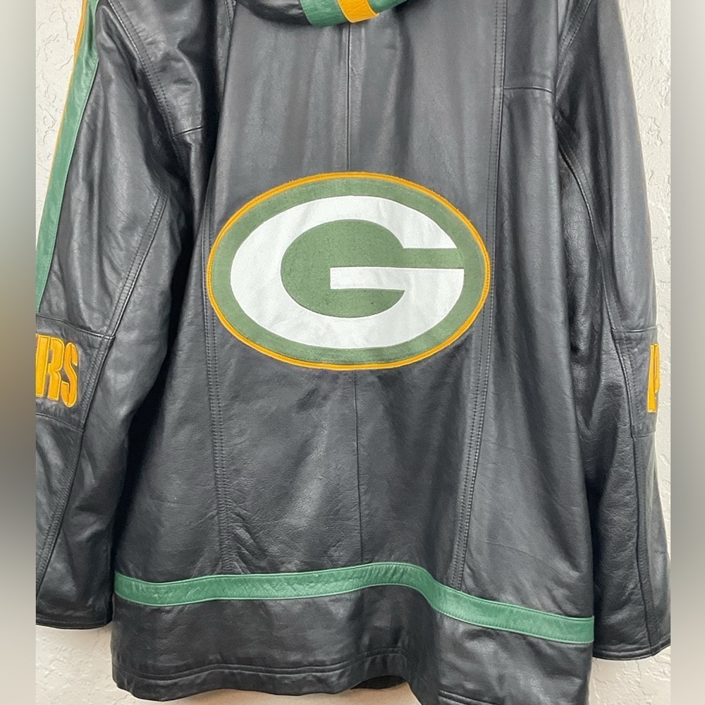 Vintage G-III by Carl Banks Full Zip Hooded Green Bay Packers Leather Jacket - Picture 8 of 14